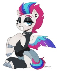 Size: 830x1080 | Tagged: safe, artist:zazush-una, imported from derpibooru, zipp storm, pegasus, pony, choker, ear piercing, eyebrow piercing, eyeshadow, female, g5, goth, lidded eyes, makeup, mare, piercing, simple background, sitting, solo, spiked choker, white background