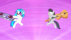 Size: 3410x1920 | Tagged: safe, imported from derpibooru, screencap, dj pon-3, octavia melody, vinyl scratch, earth pony, pony, unicorn, season 5, slice of life (episode), cello, duo, female, headphones, high res, mare, musical instrument, open mouth, open smile, smiling