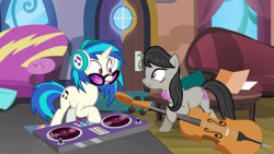 Size: 3410x1920 | Tagged: safe, imported from derpibooru, screencap, dj pon-3, octavia melody, vinyl scratch, earth pony, pony, unicorn, season 5, slice of life (episode), cello, duo, female, headphones, high res, mare, musical instrument, open mouth