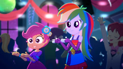 Size: 3410x1920 | Tagged: safe, imported from derpibooru, screencap, rainbow dash, scootaloo, human, eqg summertime shorts, equestria girls, raise this roof, background human, bare shoulders, belt, canterlot high, clothes, cutie mark on clothes, duo focus, eyes closed, fall formal outfits, female, fingerless gloves, gloves, high res, male, open mouth, open smile, sleeveless, smiling