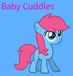 Size: 570x589 | Tagged: safe, artist:jigglewiggleinthepigglywiggle, imported from derpibooru, baby cuddles, earth pony, pony, baby, baby cuddles being a tomboy, baby pony, blue background, cuddlebetes, cute, female, filly, foal, g1, g1 to g4, g4, generation leap, like scootaloo, narrowed eyes, pink hair, pink mane, pink tail, pink text, simple background, smiling, solo, tail, teal eyes, tomboy