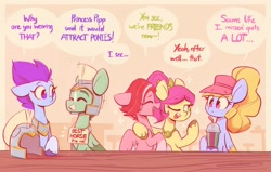 Size: 2048x1302 | Tagged: safe, alternate version, artist:scribble-potato, imported from derpibooru, part of a set, earth pony, pegasus, pony, best pony, clothes, cute, dialogue, eyes closed, female, fifi (g5), g5, group, guardsmare, hat, helmet, hug, jewelry, male, mare, markings, mug, necklace, one eye closed, open mouth, pegasus royal guard, posey bloom, quintet, royal guard, sign, smoothie, speech bubble, stallion, thunder flap, unshorn fetlocks, windy (g5), wink, zoom zephyrwing