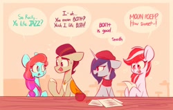 Size: 2048x1302 | Tagged: safe, alternate version, artist:scribble-potato, imported from derpibooru, part of a set, sugar moonlight, earth pony, pegasus, pony, unicorn, bee movie, beret, clothes, cute, dialogue, female, g5, group, hat, heart, hug, implied shipping, jazz hooves, jewelry, male, mare, mug, necklace, onyx, open mouth, paper, pencil, poem, quartet, rocky riff, scarf, speech bubble, stallion, sweat, sweatdrop, unshorn fetlocks, ya like jazz?