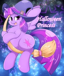 Size: 2479x2958 | Tagged: safe, artist:braffy, imported from derpibooru, twilight sparkle, alicorn, pony, broom, chubby, fat, female, flying, flying broomstick, halloween, hat, high res, holiday, looking at you, looking back, mare, open mouth, smiling, solo, spread wings, stars, twilard sparkle, twilight sparkle (alicorn), wings, witch, witch hat