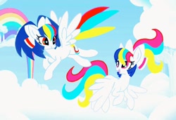 Size: 900x617 | Tagged: safe, artist:stacy_165cut, imported from derpibooru, oc, oc only, pegasus, pony, bow, cloud, duo, duo female, female, flying, hair bow, looking at each other, looking at someone, mare, rainbow, sky, spread wings, wings