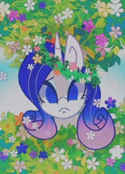 Size: 645x900 | Tagged: safe, artist:stacy_165cut, imported from derpibooru, rarity, pony, unicorn, bust, female, flower, flower in hair, horn, looking at you, mare, plant, solo