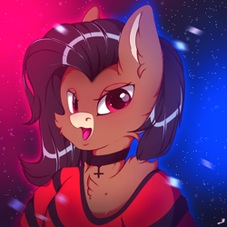 Size: 1300x1300 | Tagged: safe, artist:chura chu, imported from derpibooru, oc, oc only, oc:vivian rosilyn, anthro, black hair, bust, clothes, commission, coral, female, mare, portrait, red eyes, shirt, simple background, solo, t-shirt