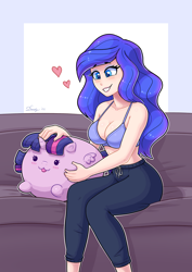 Size: 2480x3508 | Tagged: safe, artist:dandy, imported from derpibooru, part of a set, princess luna, twilight sparkle, alicorn, human, pony, bare shoulders, blushing, bra, breasts, busty princess luna, chubbie, cleavage, clothes, couch, female, heart, heart eyes, humanized, midriff, pants, plushie, sitting, sleeveless, smiling, solo, sweatpants, twilight sparkle (alicorn), underwear, wingding eyes