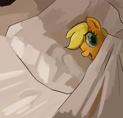 Size: 2406x2322 | Tagged: safe, artist:_ton618_, imported from derpibooru, applejack, earth pony, pony, bed, blanket, eye clipping through hair, female, lying down, mare, on side, open mouth, pillow, solo