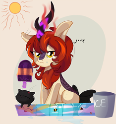 Size: 2690x2879 | Tagged: safe, artist:spookyle, imported from derpibooru, oc, oc:pumpkin patch, cat, kirin, bow, bucket, female, food, kiddie pool, magic, popsicle, solo, summer, sun, sweat, tail, tail bow, unamused