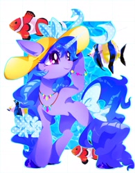 Size: 1460x1875 | Tagged: safe, artist:stacy_165cut, imported from derpibooru, izzy moonbow, fish, pony, unicorn, bow, bracelet, clownfish, female, g5, hat, jewelry, mare, necklace, smiling, solo, sun hat, tail, tail bow, unshorn fetlocks