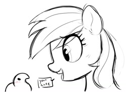 Size: 1233x904 | Tagged: safe, artist:_ton618_, imported from derpibooru, rainbow dash, pegasus, pony, blushing, bust, candy, dialogue, female, food, mare, misspelling, peep, peeps, side view, simple background, solo, speech bubble, talking, white background