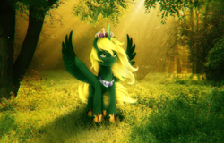 Size: 2585x1653 | Tagged: safe, artist:mira.veike, imported from derpibooru, oc, oc only, oc:prince ecosis, alicorn, pony, alicorn oc, chromatic aberration, crepuscular rays, forest, g5, grass, horn, jewelry, male, my little pony: a new generation, nature, outdoors, regalia, solo, spread wings, stallion, sunlight, tree, wings