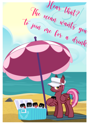 Size: 3543x5010 | Tagged: safe, artist:bnau, imported from derpibooru, oc, oc only, oc:zeny, pegasus, pony, alcohol, alternate hairstyle, beach, beach towel, beach umbrella, beer, beer can, cap, cooler, female, german, hat, holding, ice, looking at you, mare, ocean, postcard, show accurate, solo, sun, umbrella, vector, water, wing hands, wings, writing