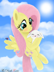 Size: 1280x1707 | Tagged: safe, artist:thedarktercio, imported from derpibooru, angel bunny, fluttershy, pegasus, pony, angelbetes, blushing, cloud, cloudy, cute, female, flying, male, mare, shyabetes, sky, sun