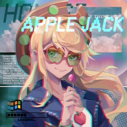 Size: 2362x2362 | Tagged: safe, artist:alice-x, imported from derpibooru, part of a set, applejack, human, eqg summertime shorts, equestria girls, shake things up!, anaglyph 3d, apple, candy, equestria music festival, female, food, glasses, hat, lollipop, looking at you, lyrics, microsoft windows, progress bar, solo, text, webcore, windows 95