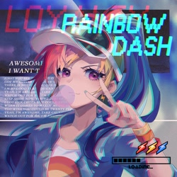 Size: 2362x2362 | Tagged: safe, artist:alice-x, imported from derpibooru, part of a set, rainbow dash, human, equestria girls, rainbow rocks, anaglyph 3d, awesome as i want to be, baseball cap, beautiful, bubblegum, cap, equestria music festival, female, food, gum, hat, humanized, looking at you, lyrics, peace sign, progress bar, solo, text, tomboy, wristband