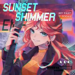 Size: 2362x2362 | Tagged: safe, artist:alice-x, imported from derpibooru, part of a set, sunset shimmer, human, equestria girls, my past is not today, anaglyph 3d, beautiful, electric guitar, equestria music festival, female, guitar, looking at you, lyrics, mouse cursor, musical instrument, progress bar, solo, text, tomboy