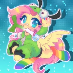 Size: 1400x1400 | Tagged: safe, artist:horseyuris, imported from derpibooru, fluttershy, pegasus, pony, abstract background, antonymph, blushing, clothes, cute, female, fluttgirshy, gir, heart, heart eyes, leek, mare, mouth hold, rainbow socks, shyabetes, socks, solo, striped socks, wingding eyes