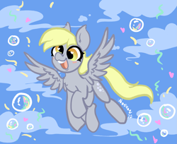 Size: 1605x1311 | Tagged: safe, artist:nootaz, imported from derpibooru, derpy hooves, pegasus, pony, blushing, cloud, cute, derpabetes, female, flying, heart, mare, open mouth, open smile, smiling, solo, spread wings, wings