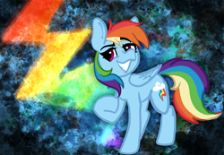 Size: 2127x1470 | Tagged: safe, artist:nootaz, imported from derpibooru, rainbow dash, pegasus, pony, abstract background, backwards cutie mark, female, mare, smiling, solo