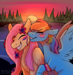 Size: 752x771 | Tagged: safe, artist:kattylender, imported from derpibooru, fluttershy, rainbow dash, pegasus, pony, eyes closed, face paint, female, flower, flower in hair, flutterdash, grin, lake, lesbian, mare, pride, pride flag, shipping, smiling, sunset, water