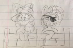 Size: 2048x1338 | Tagged: safe, artist:pink-pone, imported from derpibooru, apple bloom, babs seed, earth pony, pony, cousins, eyepatch, female, fence, filly, foal, lined paper, sketch, traditional art