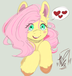 Size: 522x552 | Tagged: safe, artist:zeplenx, imported from derpibooru, fluttershy, pegasus, pony, blushing, bust, colored ear fluff, colored hooves, cute, female, heart, looking at you, mare, open mouth, open smile, pictogram, shyabetes, simple background, smiling, solo, speech bubble, spoken heart, unshorn fetlocks