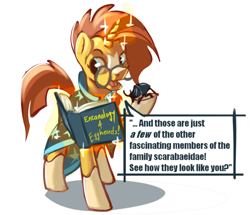 Size: 1238x1065 | Tagged: safe, artist:applepost67, imported from derpibooru, sunburst, beetle, insect, pony, unicorn, book, clothes, colored, dialogue, glowing, glowing horn, horn, magic, male, simple background, solo, stallion, telekinesis, text, white background