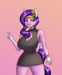 Size: 1500x1800 | Tagged: safe, artist:zachc, imported from derpibooru, pipp petals, anthro, pegasus, big breasts, boob window, breasts, busty pipp petals, cleavage, clothes, curvy, dress, female, g5, gradient background, headband, hourglass figure, huge breasts, jewelry, peace sign, solo, tongue out