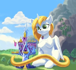 Size: 1400x1291 | Tagged: safe, artist:escapist, imported from derpibooru, oc, oc:silent harmony, cat, cat pony, original species, pony, belly, detailed background, female, giant pony, giantess, long tail, macro, partially open wings, solo focus, tail, twilight's castle, wings