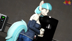 Size: 3840x2160 | Tagged: safe, artist:marianokun, imported from derpibooru, coco pommel, anthro, 3d, ass, butt, clothes, coffee, denim, female, grabbing, happy, jeans, pants, smiling, solo, source filmmaker