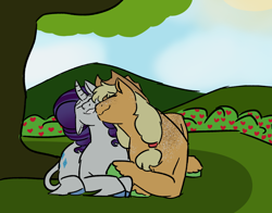 Size: 1654x1299 | Tagged: safe, artist:lieutenantcactus, imported from derpibooru, applejack, rarity, classical unicorn, earth pony, pony, unicorn, apple, apple tree, cloven hooves, duo, eyes closed, female, leonine tail, lesbian, lying down, mare, nuzzling, prone, rarijack, shipping, smiling, sweet apple acres, tree, under the tree, unshorn fetlocks