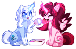 Size: 2000x1300 | Tagged: safe, artist:purplegrim40, imported from derpibooru, oc, oc only, alicorn, pony, alicorn oc, donut, duo, eating, female, food, glowing, glowing horn, horn, licking, licking lips, magic, mare, simple background, smiling, telekinesis, tongue out, transparent background, wings