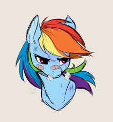 Size: 1656x1784 | Tagged: safe, artist:nettlemoth, imported from derpibooru, rainbow dash, pony, bandaid, bandaid on nose, bust, horses doing horse things, portrait, scuff mark, simple background, sketch, snorting, solo, sweat