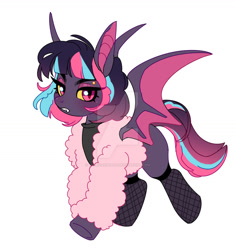 Size: 1280x1360 | Tagged: safe, artist:kusacakusaet, imported from derpibooru, oc, oc only, bat pony, pony, bat pony oc, bat wings, bedroom eyes, clothes, deviantart watermark, female, fishnets, mare, obtrusive watermark, simple background, solo, watermark, white background, wings