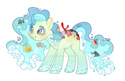 Size: 1280x833 | Tagged: safe, artist:kusacakusaet, imported from derpibooru, oc, oc only, fish, pony, adoptable, deviantart watermark, female, grin, mare, obtrusive watermark, simple background, smiling, solo, watermark, white background