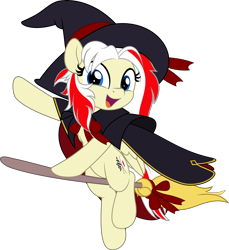 Size: 4585x5000 | Tagged: safe, artist:jhayarr23, imported from derpibooru, oc, oc only, oc:redsun, pegasus, pony, broom, cape, clothes, commission, costume, female, flying, flying broomstick, halloween, hat, holiday, simple background, solo, transparent background, witch, witch hat, ych result