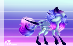 Size: 1663x1045 | Tagged: safe, artist:prettyshinegp, imported from derpibooru, oc, oc only, alicorn, pony, abstract background, alicorn oc, female, horn, looking back, mare, signature, solo, unshorn fetlocks, wings