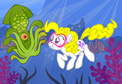 Size: 1300x900 | Tagged: safe, artist:sketchyjackie, edit, imported from derpibooru, surprise, earth pony, pony, squid, adoraprise, bubble, coral, cute, dive mask, diving, earth pony surprise, female, g1, g1 to g4, g4, generation leap, goggles, mare, ms paint, ocean, race swap, seaweed, underwater, underwater surprise, water