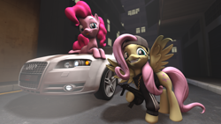 Size: 1920x1080 | Tagged: safe, artist:jarmasxd, imported from derpibooru, fluttershy, pinkie pie, earth pony, pegasus, pony, 3d, audi, cap, car, clothes, gun, hat, jacket, looking at you, night, smiling, street, weapon