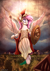 Size: 2000x2841 | Tagged: safe, artist:to_fat_to_fly, oc, oc only, oc:athena (shawn keller), pegasus, pony, athena, chiton, clothes, frog (hoof), hoof hold, shield, signature, spear, spread wings, underhoof, weapon, wings