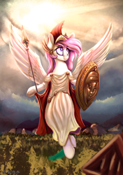 Size: 2000x2841 | Tagged: safe, alternate version, artist:to_fat_to_fly, oc, oc only, oc:athena (shawn keller), pegasus, pony, athena, chiton, clothes, female, frog (hoof), hoof hold, mare, shield, signature, spear, spread wings, underhoof, weapon, wings