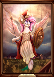 Size: 2000x2841 | Tagged: safe, alternate version, artist:to_fat_to_fly, oc, oc only, oc:athena (shawn keller), pegasus, pony, athena, chiton, clothes, female, frog (hoof), hoof hold, mare, picture frame, shield, signature, spear, spread wings, underhoof, weapon, wings