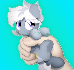 Size: 2048x1924 | Tagged: safe, artist:mochi_nation, imported from derpibooru, oc, oc:galaxy, oc:silver bolt, earth pony, human, pony, blue background, cute, disembodied hand, earth pony oc, eye clipping through hair, female, food, hand, holding a pony, ice cream, in goliath's palm, mare, micro, ocbetes, offscreen character, simple background, size difference, solo focus, tiny, tiny ponies, underhoof