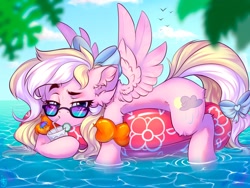 Size: 1600x1200 | Tagged: safe, artist:falafeljake, imported from derpibooru, oc, oc only, oc:bay breeze, pegasus, pony, bow, cute, drink, floating, floaty, hair bow, inflatable, inner tube, looking at you, pegasus oc, pool toy, raised eyebrow, solo, spread wings, tail, tail bow, water wings, wings