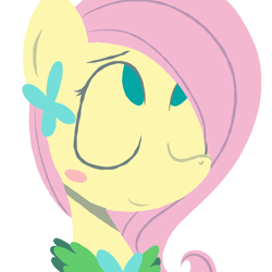 Size: 1400x1400 | Tagged: safe, artist:alandisc, imported from derpibooru, fluttershy, pony, blushing, bust, butterfly hairpin, cute, eyelashes, female, lineless, looking up, shy, shyabetes, simple background, solo, white background