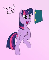 Size: 3291x4000 | Tagged: safe, artist:librarylonging, imported from derpibooru, twilight sparkle, pony, unicorn, book, open mouth, open smile, pink background, simple background, smiling, solo, text, that pony sure does love books, unicorn twilight