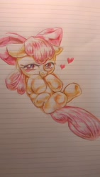 Size: 720x1280 | Tagged: safe, artist:nekubi, imported from derpibooru, apple bloom, earth pony, pony, adorabloom, blushing, cute, female, filly, foal, heart, lined paper, looking at you, lying down, on back, smiling, solo, traditional art