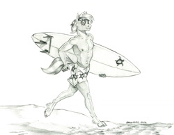 Size: 1500x1161 | Tagged: safe, artist:baron engel, imported from derpibooru, sandbar, anthro, earth pony, unguligrade anthro, beach, colored hooves, grayscale, male, male nipples, monochrome, nipples, pencil drawing, solo, stupid sexy sandbar, surfboard, swimming trunks, swimsuit, traditional art